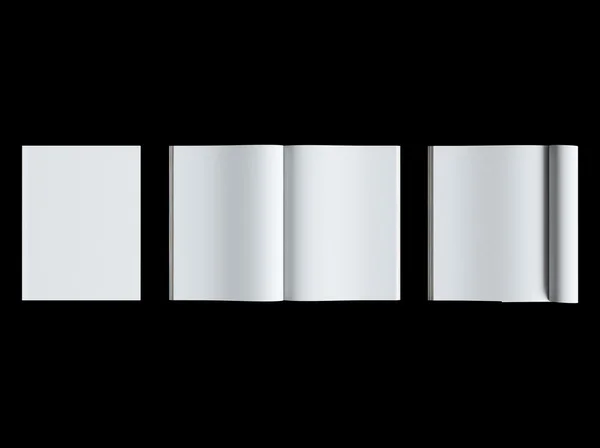 Blank magazine isolated on black background. 3D illustration — ストック写真