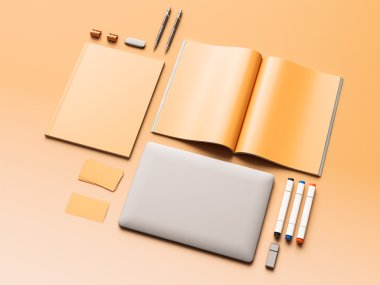 Turuncu arka plan boş dergi. 3D çizim