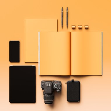 Turuncu arka plan boş dergi. 3D çizim