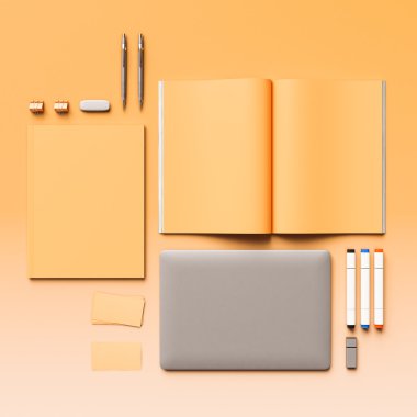 Turuncu arka plan boş dergi. 3D çizim