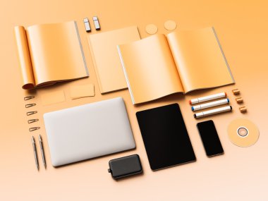 Turuncu arka plan boş dergi. 3D çizim