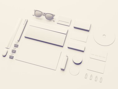 Beyaz arka plan üzerinde beyaz kimlik unsurları ayarlayın. 3D çizim