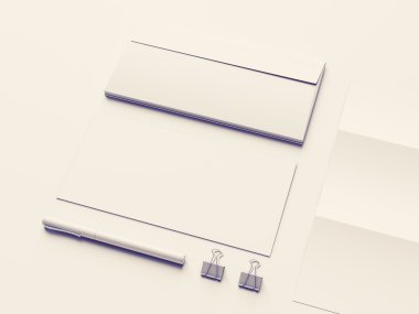 Beyaz arka plan üzerinde beyaz kimlik unsurları ayarlayın. 3D çizim