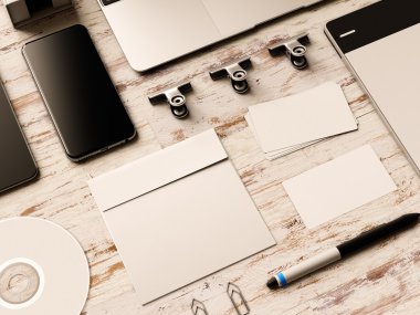 Antika ahşap arka plan üzerinde boş kimlik öğeleri kümesi. 3D çizim