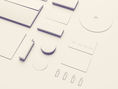 Beyaz arka plan üzerinde beyaz kimlik unsurları ayarlayın. 3D çizim