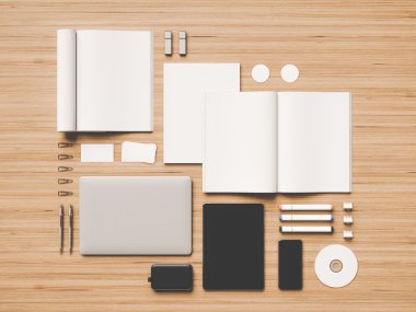 Ahşap arka plan üzerinde mockup kümesi. 3D çizim