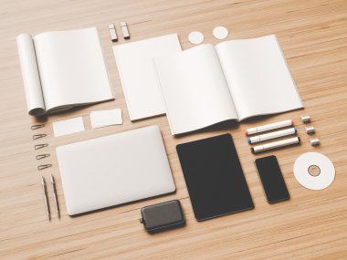 Ahşap arka plan üzerinde mockup kümesi. 3D çizim