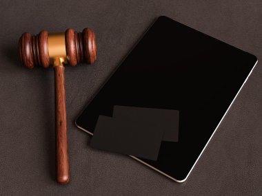 Yargıç Tokmak, tablet, kartvizit deri yüzey üzerinde 's. 3D çizim