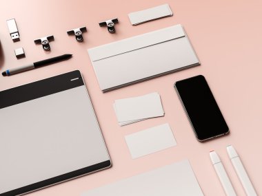 Üstten Görünüm ofis kurumsal mockup tasarım. 3D çizim