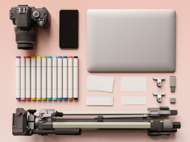 Üstten Görünüm ofis kurumsal mockup tasarım. 3D çizim