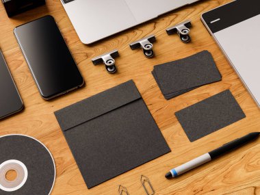 Üstten Görünüm ofis kurumsal mockup tasarım. 3D çizim