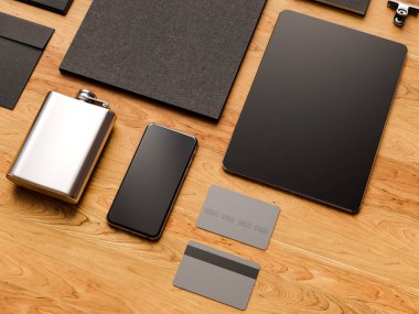 Üstten Görünüm ofis kurumsal mockup tasarım. 3D çizim