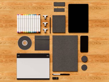 Üstten Görünüm ofis kurumsal mockup tasarım. 3D çizim