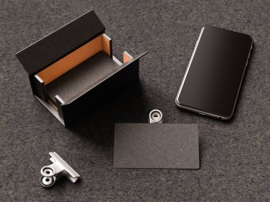 Kumaş yüzey üzerinde siyah kartvizit. 3D çizim