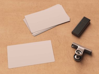 Ahşap arka plan üzerinde kartvizit. 3D çizim