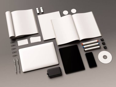 Gri bir arka plan üzerinde boş dergi. 3D çizim