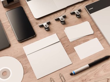 Üstten Görünüm ofis kurumsal mockup tasarım. 3D çizim