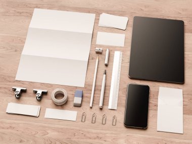 Üstten Görünüm ofis kurumsal mockup tasarım. 3D çizim