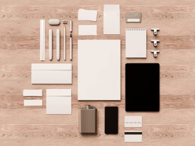 Üstten Görünüm ofis kurumsal mockup tasarım. 3D çizim