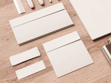 Üstten Görünüm ofis kurumsal mockup tasarım. 3D çizim
