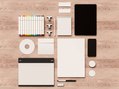 Üstten Görünüm ofis kurumsal mockup tasarım. 3D çizim