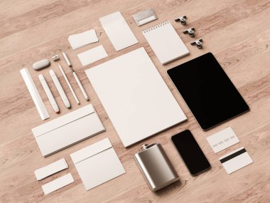 Üstten Görünüm ofis kurumsal mockup tasarım. 3D çizim