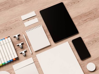 Üstten Görünüm ofis kurumsal mockup tasarım. 3D çizim