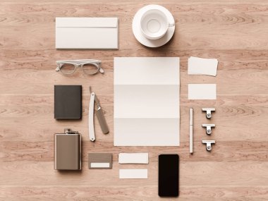 Üstten Görünüm ofis kurumsal mockup tasarım. 3D çizim