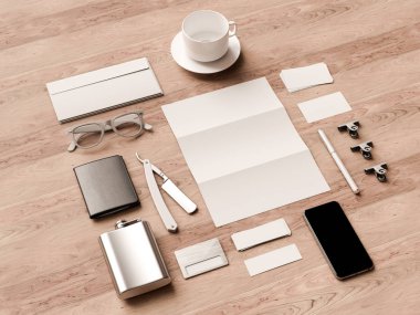 Üstten Görünüm ofis kurumsal mockup tasarım. 3D çizim