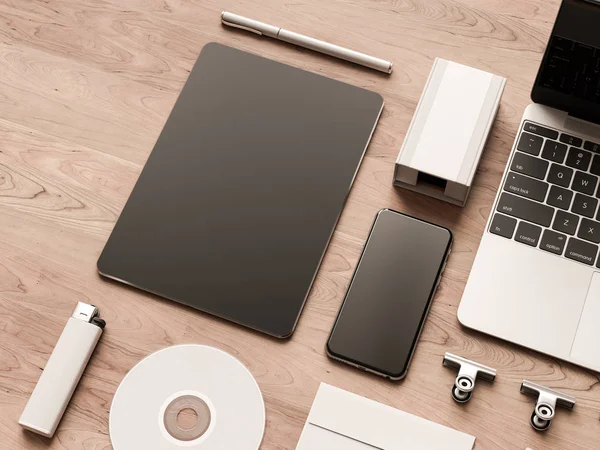 Üstten Görünüm ofis kurumsal mockup tasarım. 3D çizim