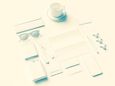 Beyaz kimlik öğeleri kümesi. 3D çizim