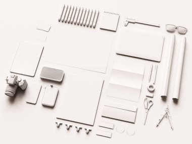 Beyaz kimlik öğeleri kümesi. 3D çizim