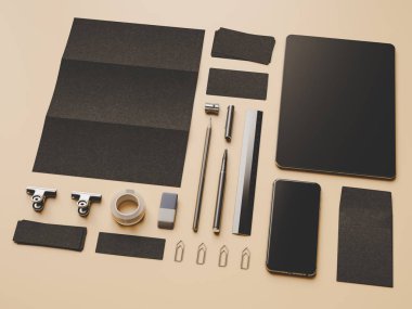 Üstten Görünüm ofis kurumsal mockup tasarım. 3D çizim