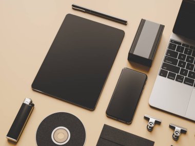 Üstten Görünüm ofis kurumsal mockup tasarım. 3D çizim