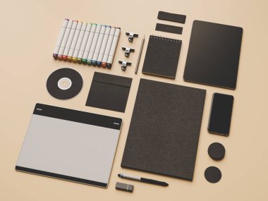 Üstten Görünüm ofis kurumsal mockup tasarım. 3D çizim