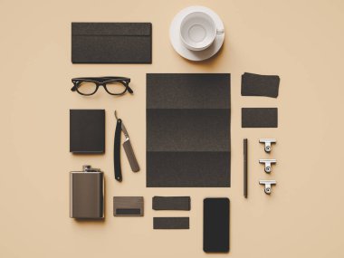 Üstten Görünüm ofis kurumsal mockup tasarım. 3D çizim