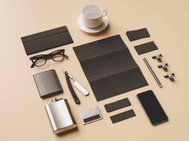 Üstten Görünüm ofis kurumsal mockup tasarım. 3D çizim