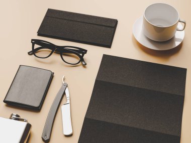 Üstten Görünüm ofis kurumsal mockup tasarım. 3D çizim