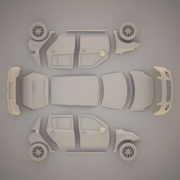 Części samochodowe. Widok z góry. ilustracja 3D — Zdjęcie stockowe