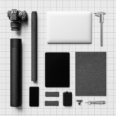 Siyah ve beyaz Kırtasiye mockup sahne marka. 3D çizim