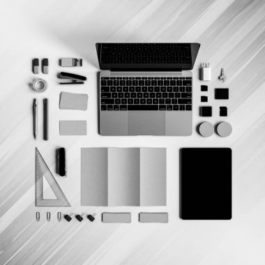 Siyah ve beyaz ofis kurumsal mockup tasarım. 3D çizim