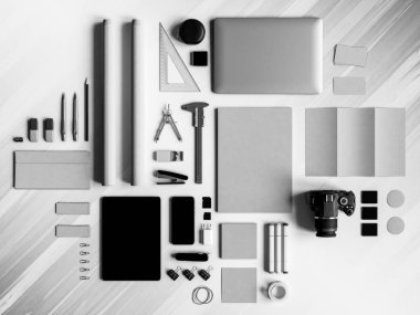 Siyah ve beyaz ofis kurumsal mockup tasarım. 3D çizim