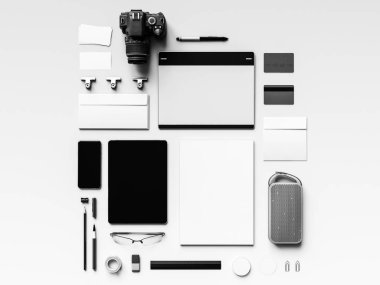 Üstten Görünüm ofis kurumsal mockup tasarım. 3D çizim