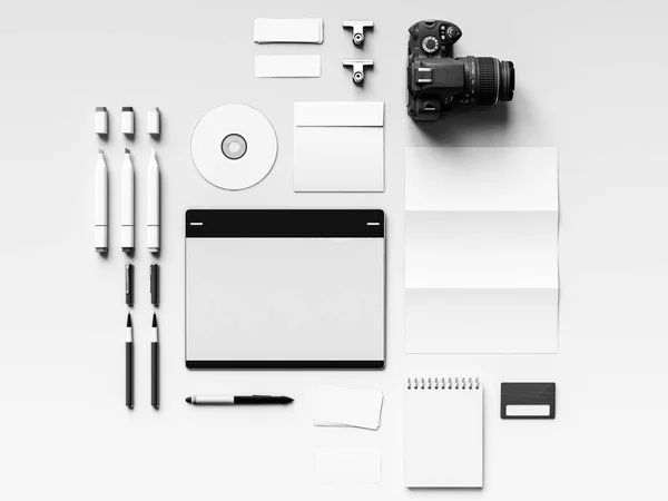 Top vedere birou design mockup corporativ. Ilustrație 3D — Fotografie, imagine de stoc