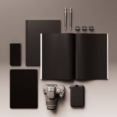 Siyah arka plan üzerine mockup kümesi. 3D çizim