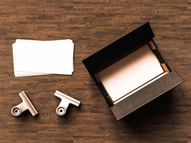 Ahşap arka plan üzerinde kartvizit. 3D çizim