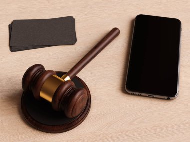 Yargıç Tokmak, smartphone, kartvizit ahşap masa üzerinde 's. 3D çizim
