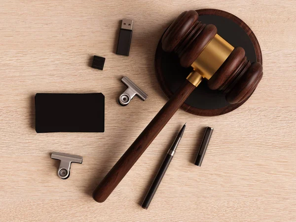 Judge's hamer, visitekaartje op houten tafel. 3D illustratie — Stockfoto