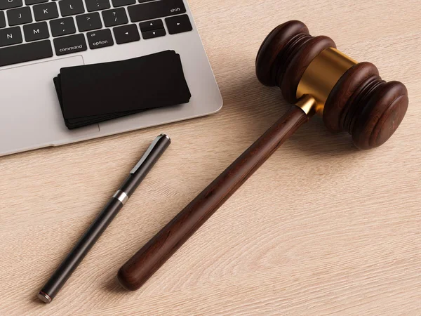 Soudcova kladívka na dřevěný stůl. 3D obrázek — Stock fotografie