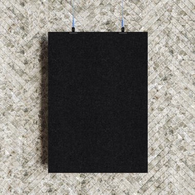 Kağıt boş poster şablonu duvardan asılı. 3D çizim